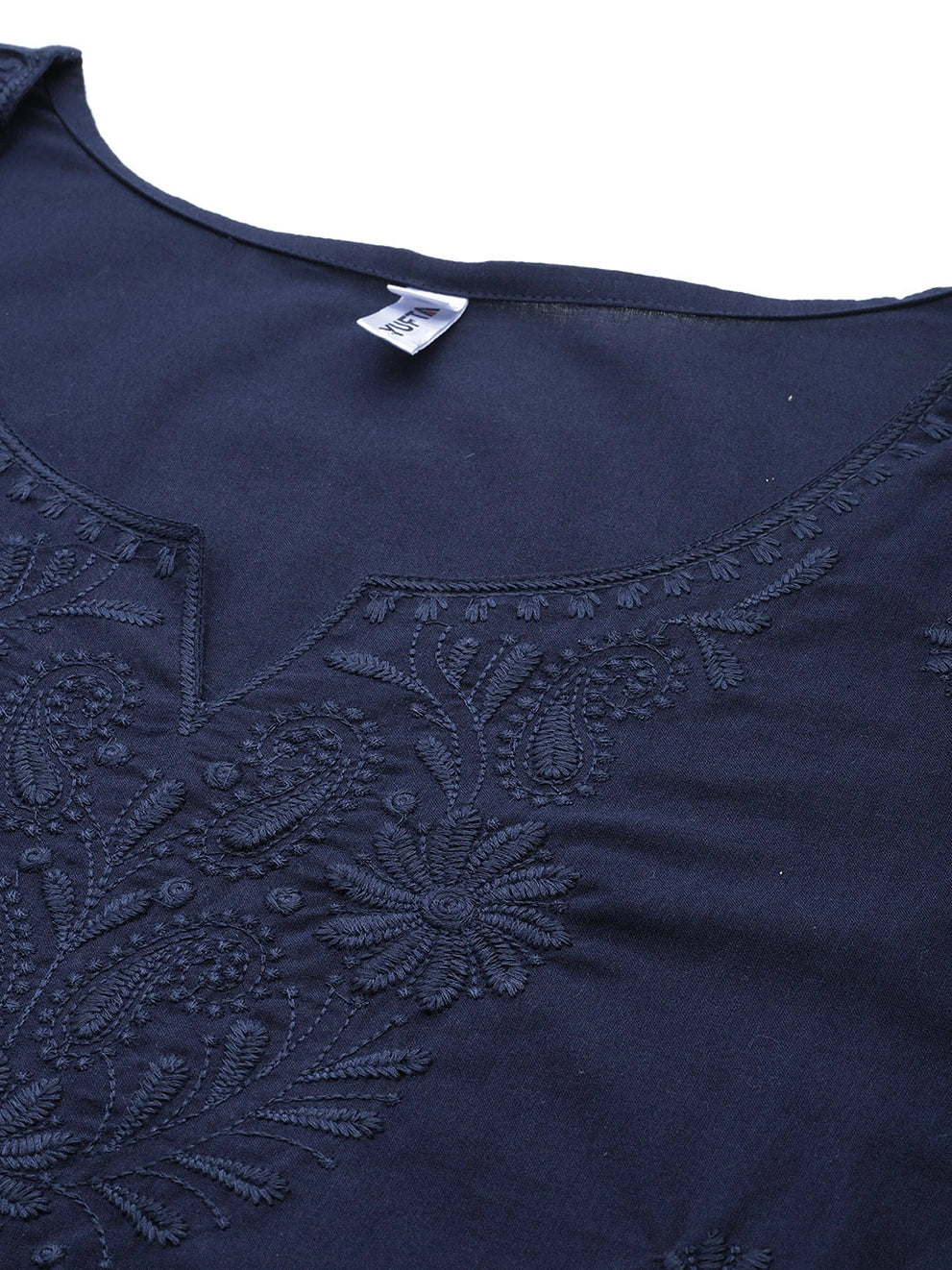 Yufta Navy Blue Floral Chikankari Embroidered Pure Cotton Top | Grocsy