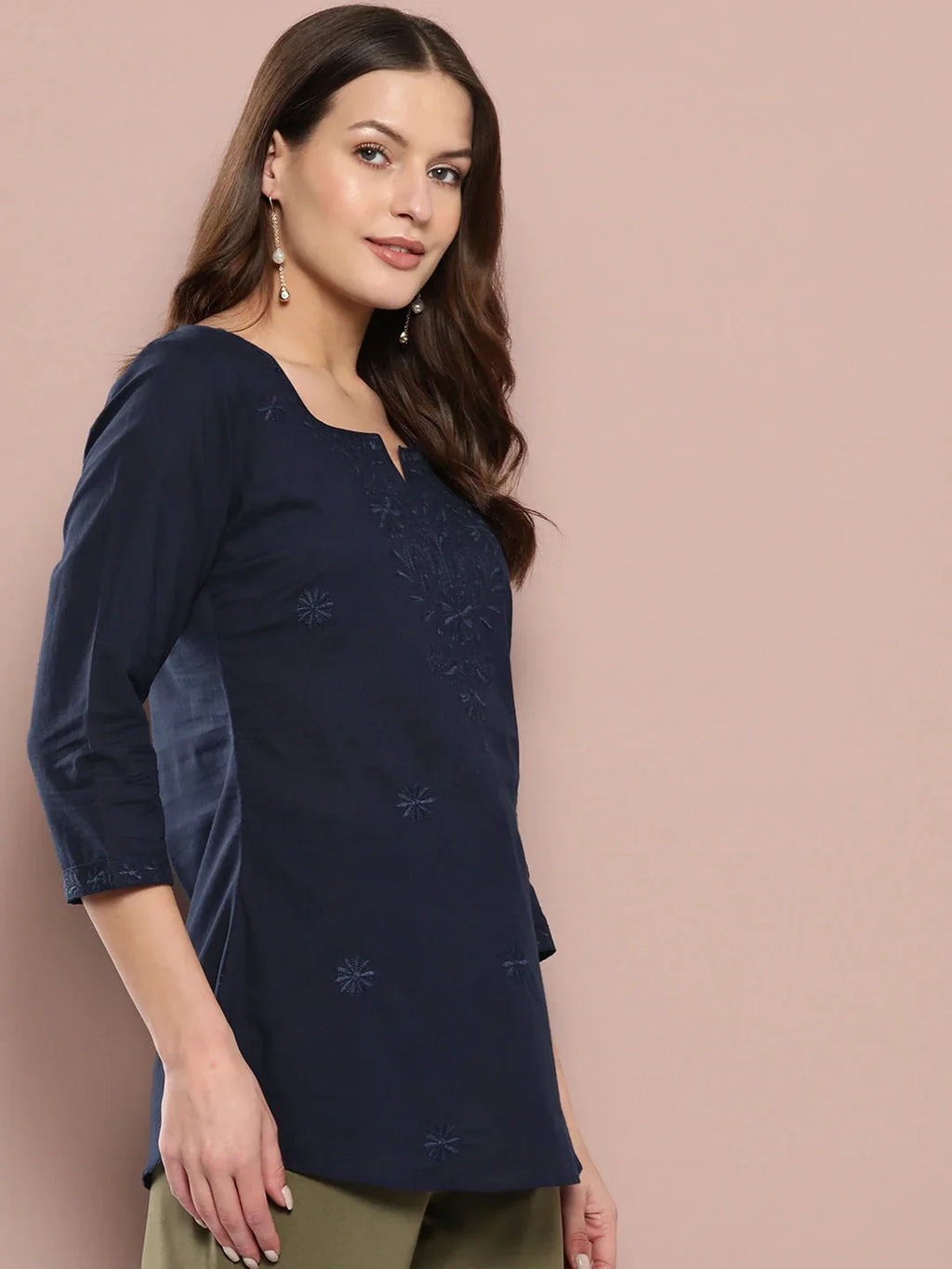 Yufta Navy Blue Floral Chikankari Embroidered Pure Cotton Top | Grocsy