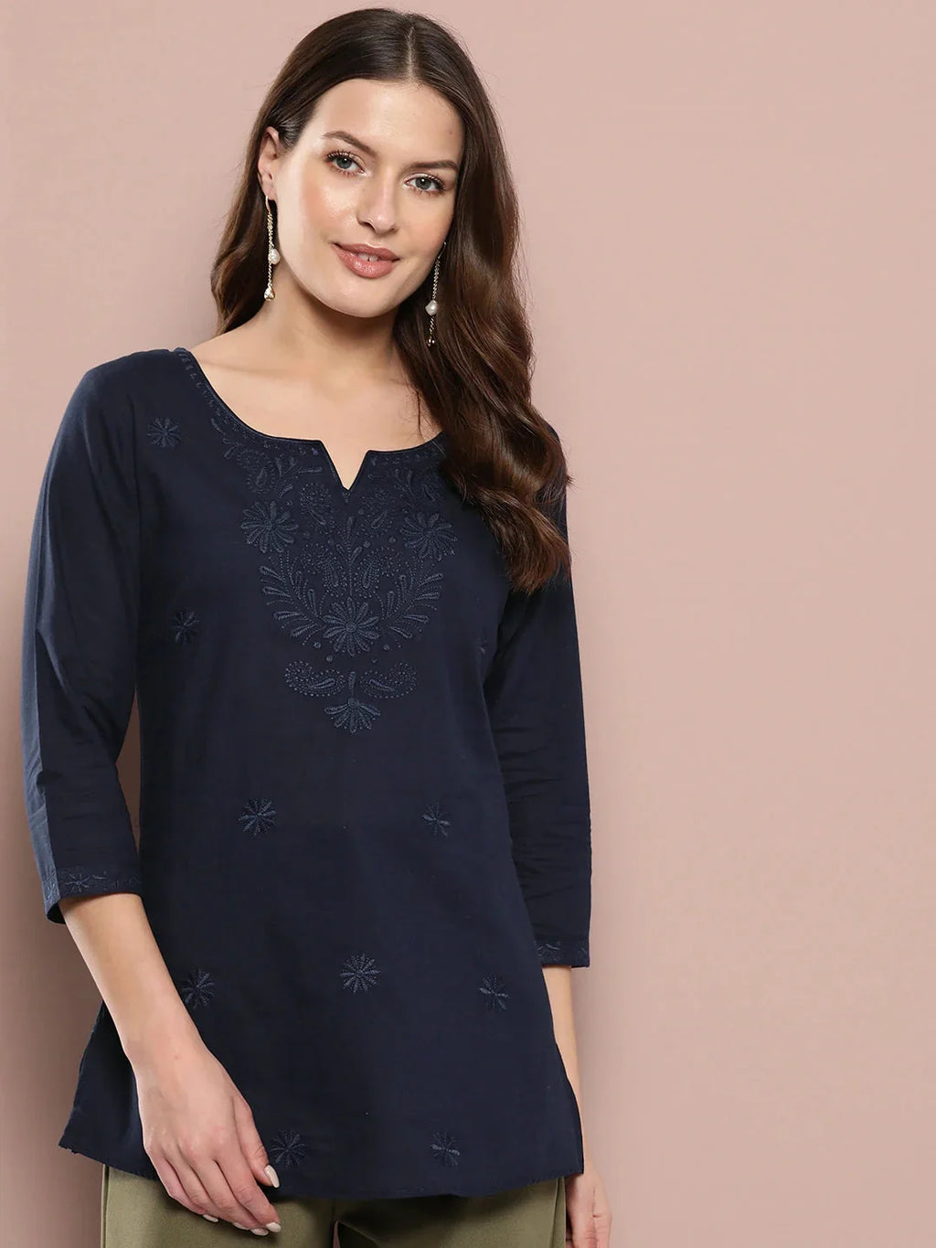 Yufta Navy Blue Floral Chikankari Embroidered Pure Cotton Top | Grocsy