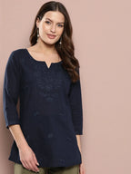 Yufta Navy Blue Floral Chikankari Embroidered Pure Cotton Top | Grocsy