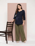 Yufta Navy Blue Floral Chikankari Embroidered Pure Cotton Top | Grocsy