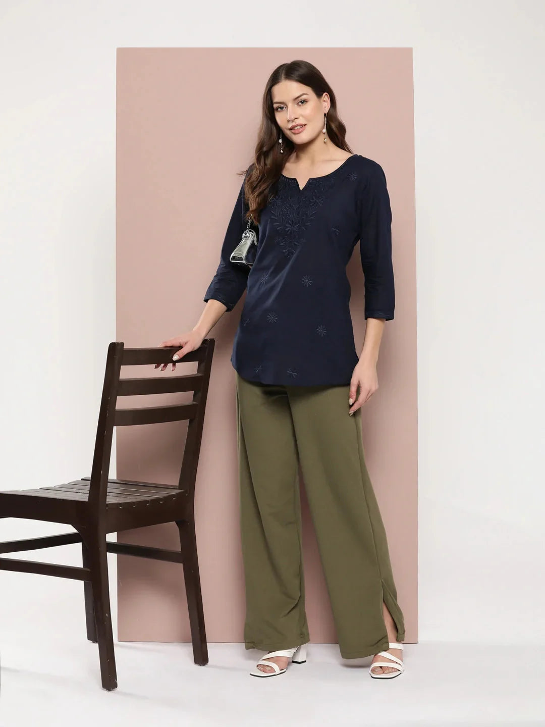 Yufta Navy Blue Floral Chikankari Embroidered Pure Cotton Top | Grocsy