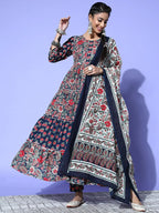 Yufta Navy Blue Printed Cotton Dupatta Set | Grocsy