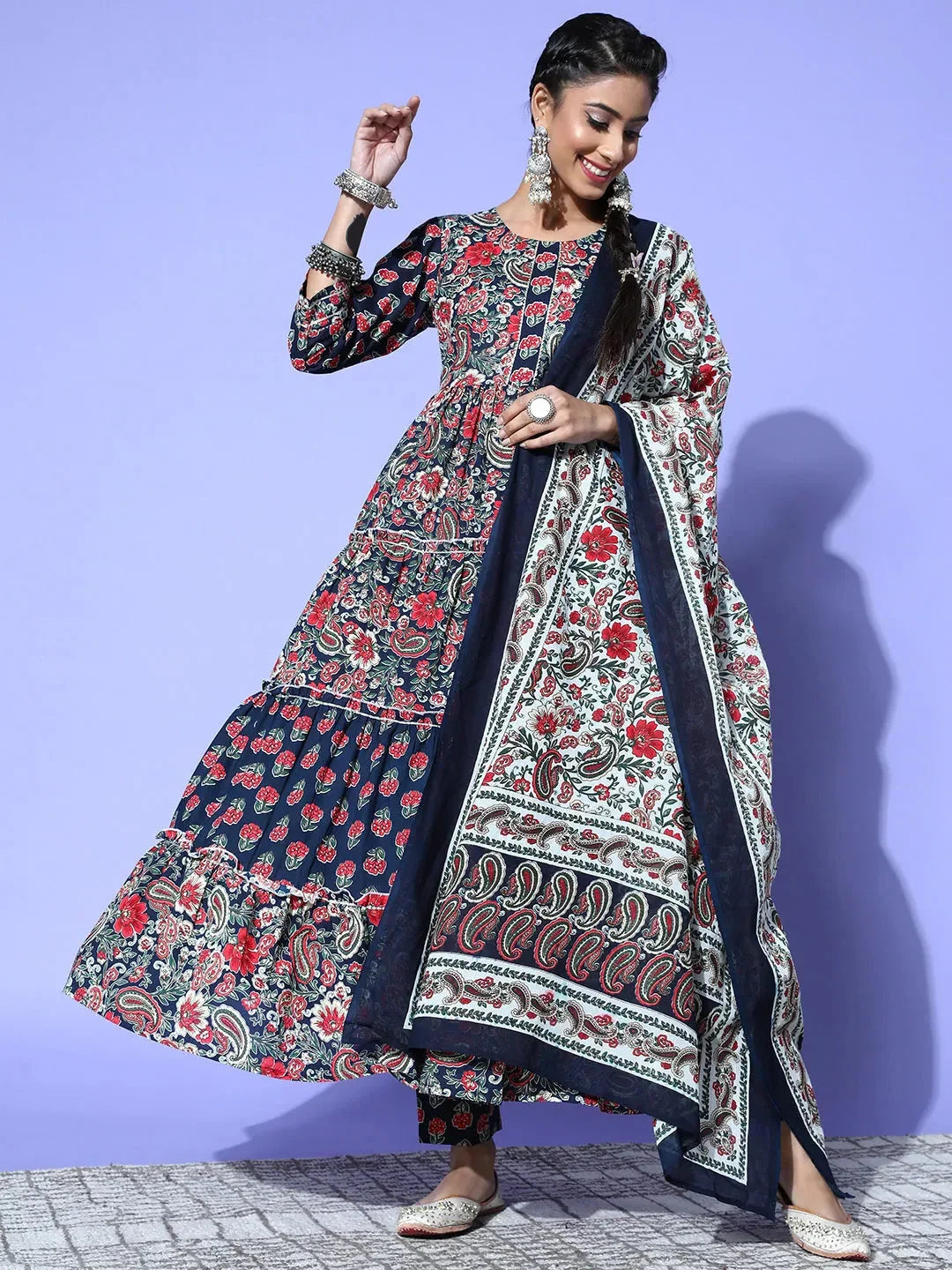 Yufta Navy Blue Printed Cotton Dupatta Set | Grocsy