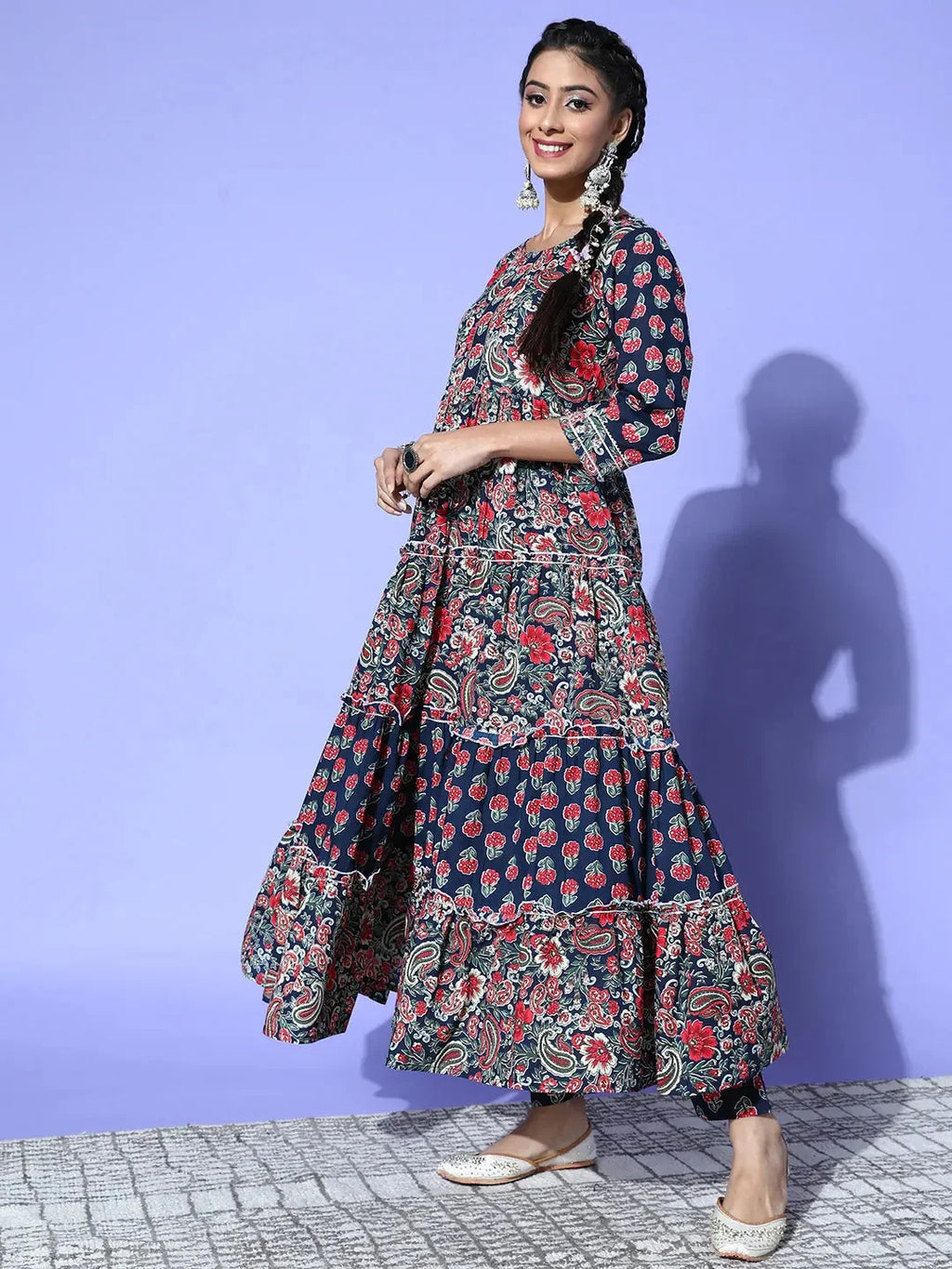 Yufta Navy Blue Printed Cotton Dupatta Set | Grocsy