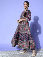 Yufta Navy Blue Printed Cotton Dupatta Set | Grocsy