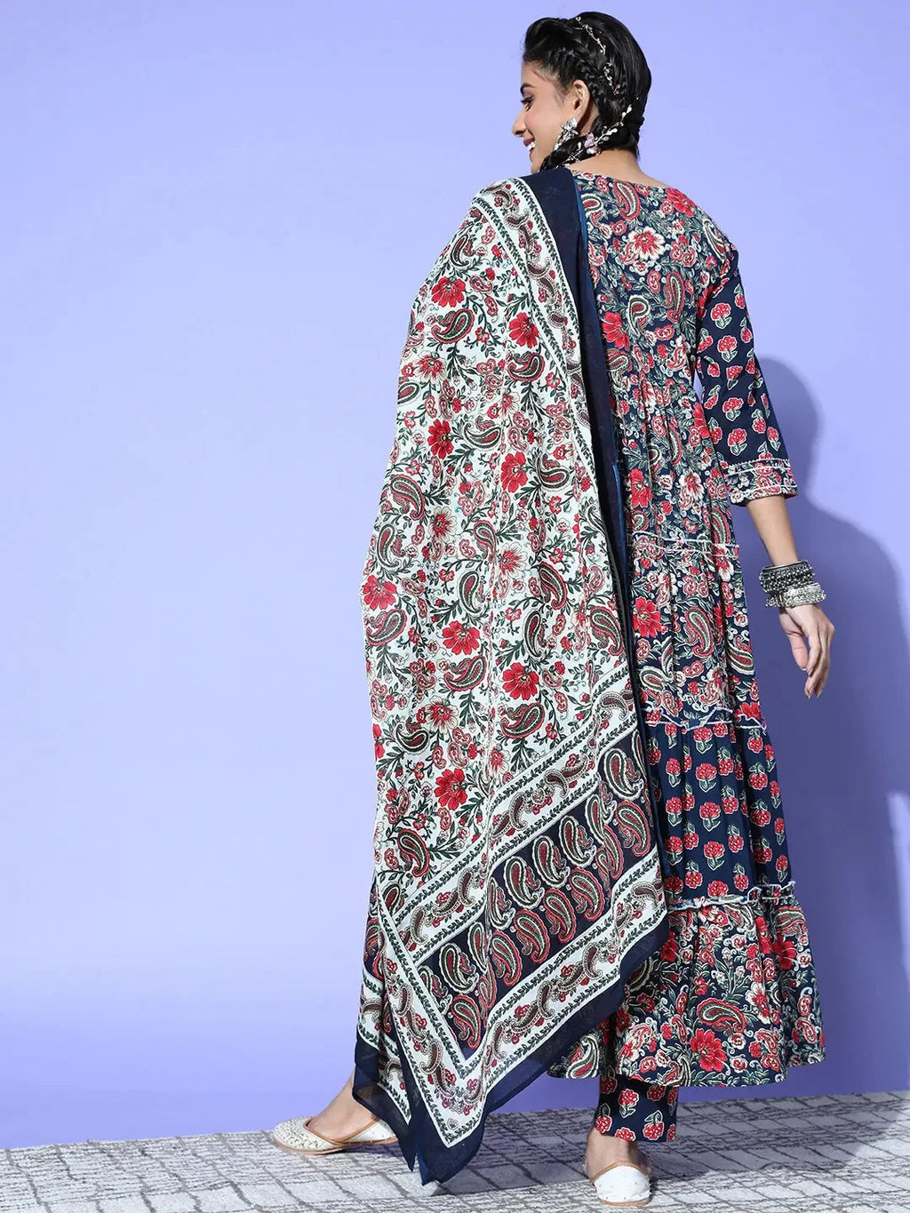 Yufta Navy Blue Printed Cotton Dupatta Set | Grocsy