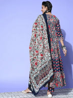 Yufta Navy Blue Printed Cotton Dupatta Set | Grocsy