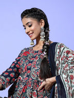 Yufta Navy Blue Printed Cotton Dupatta Set | Grocsy