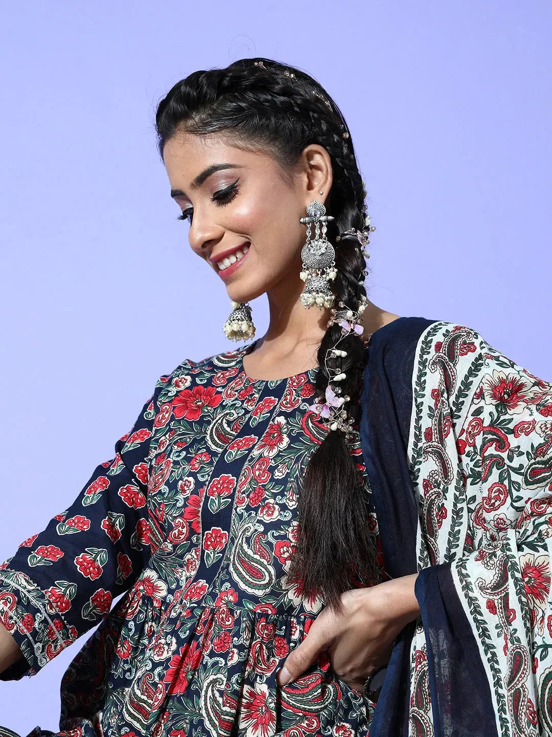 Yufta Navy Blue Printed Cotton Dupatta Set | Grocsy