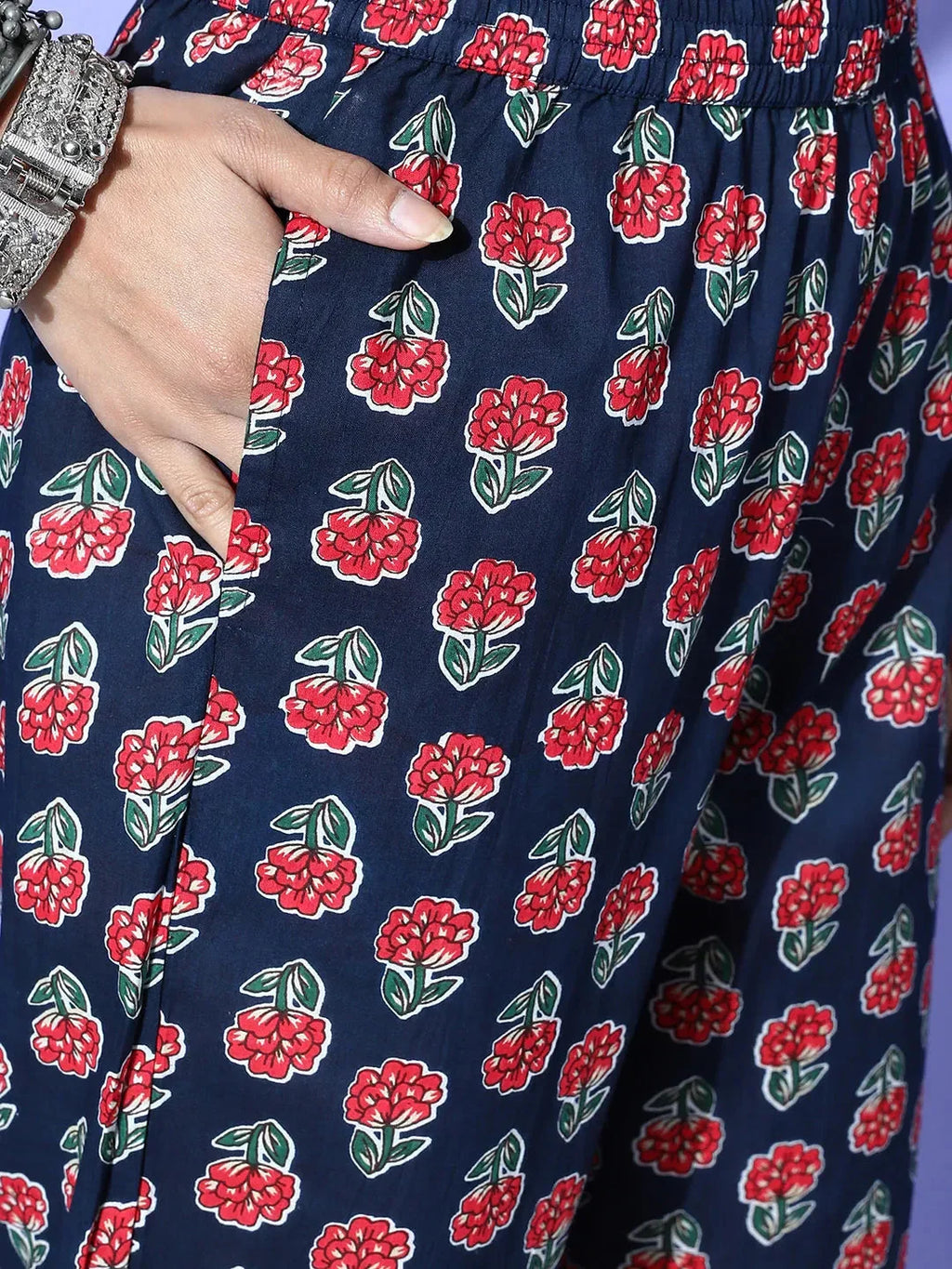 Yufta Navy Blue Printed Cotton Dupatta Set | Grocsy