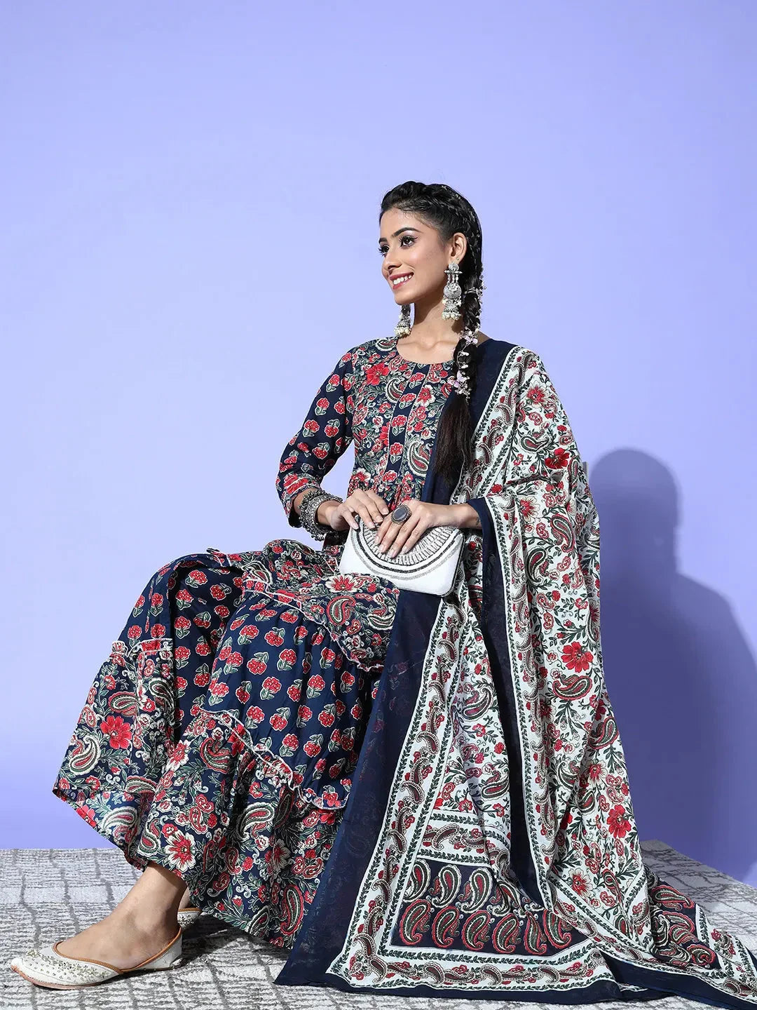 Yufta Navy Blue Printed Cotton Dupatta Set | Grocsy