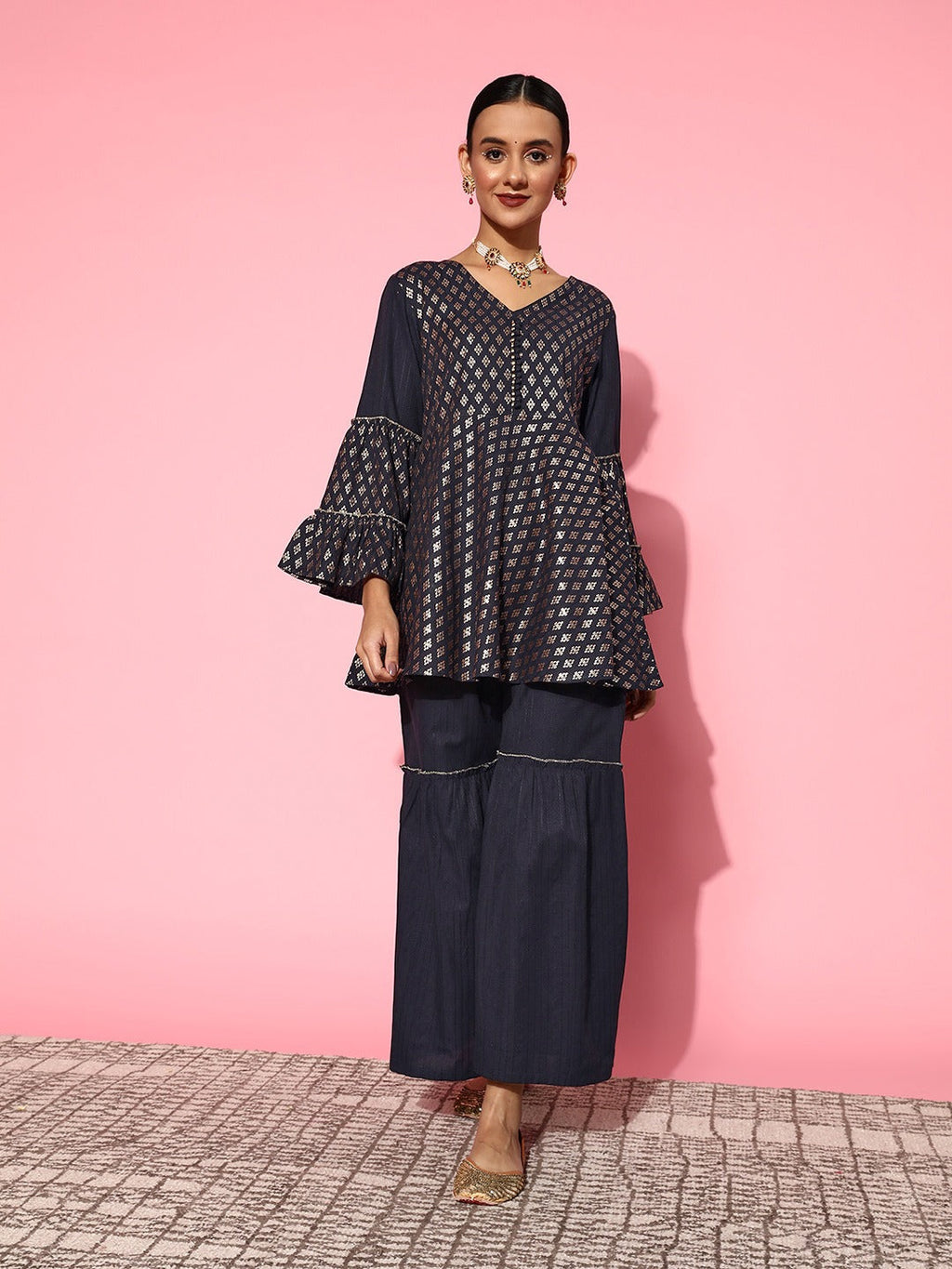 Yufta Navy Blue Printed Kurta & Sharara | Grocsy