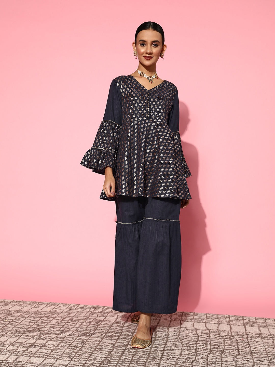 Yufta Navy Blue Printed Kurta & Sharara | Grocsy