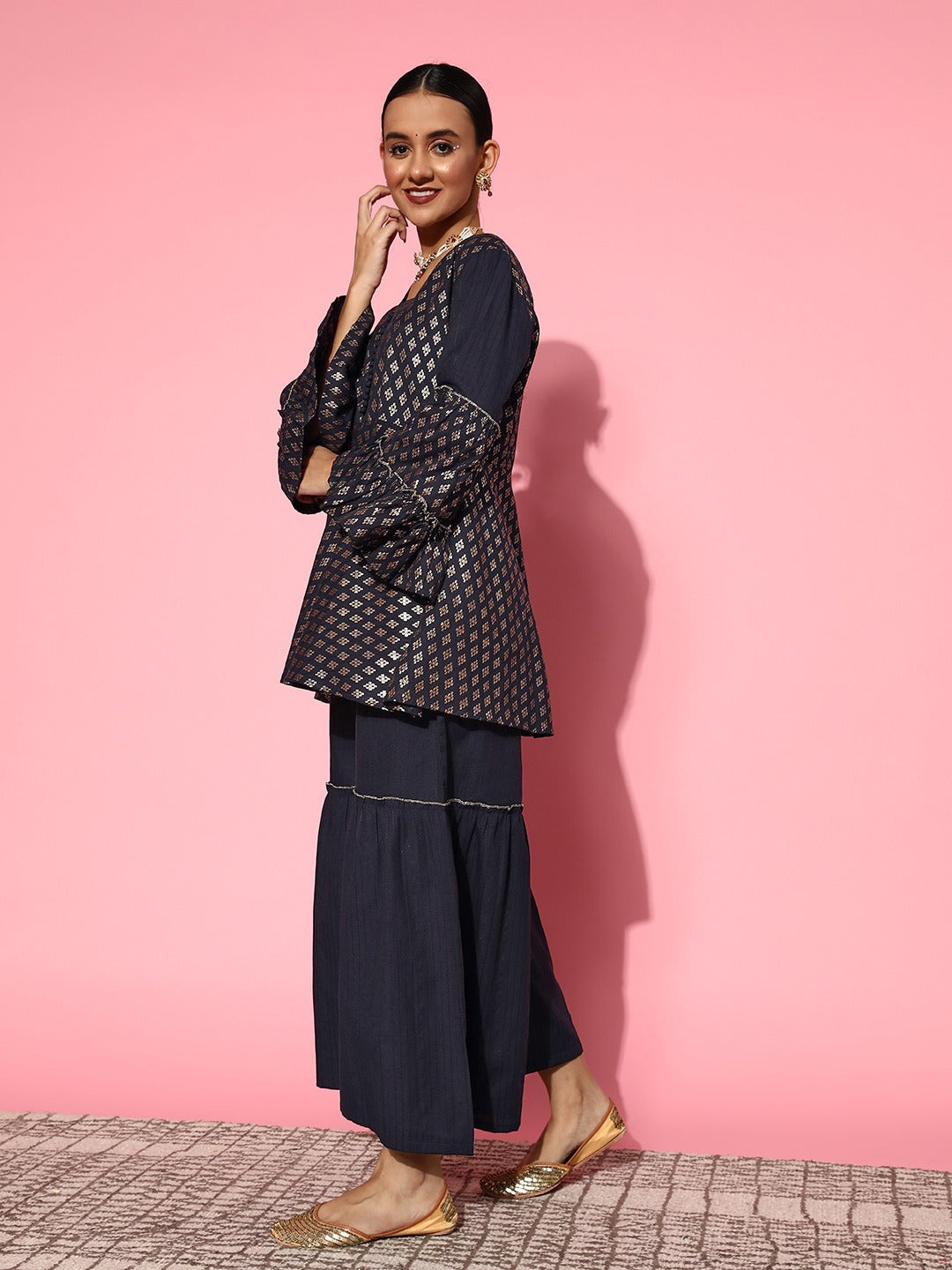 Yufta Navy Blue Printed Kurta & Sharara | Grocsy