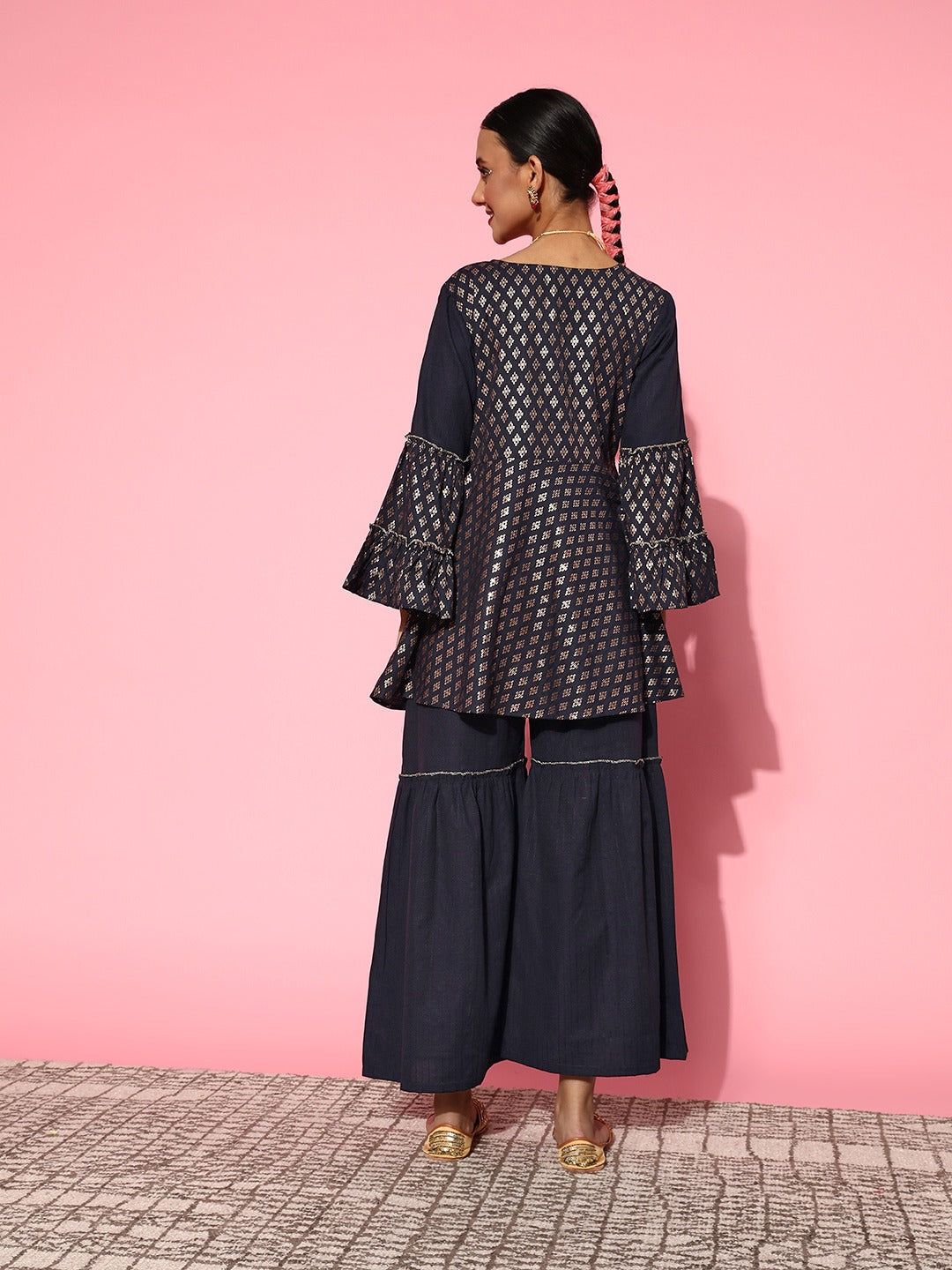 Yufta Navy Blue Printed Kurta & Sharara | Grocsy