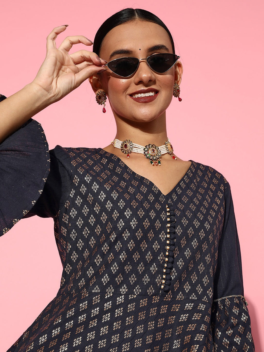 Yufta Navy Blue Printed Kurta & Sharara | Grocsy