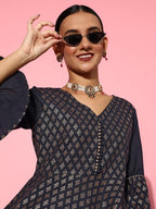 Yufta Navy Blue Printed Kurta & Sharara | Grocsy