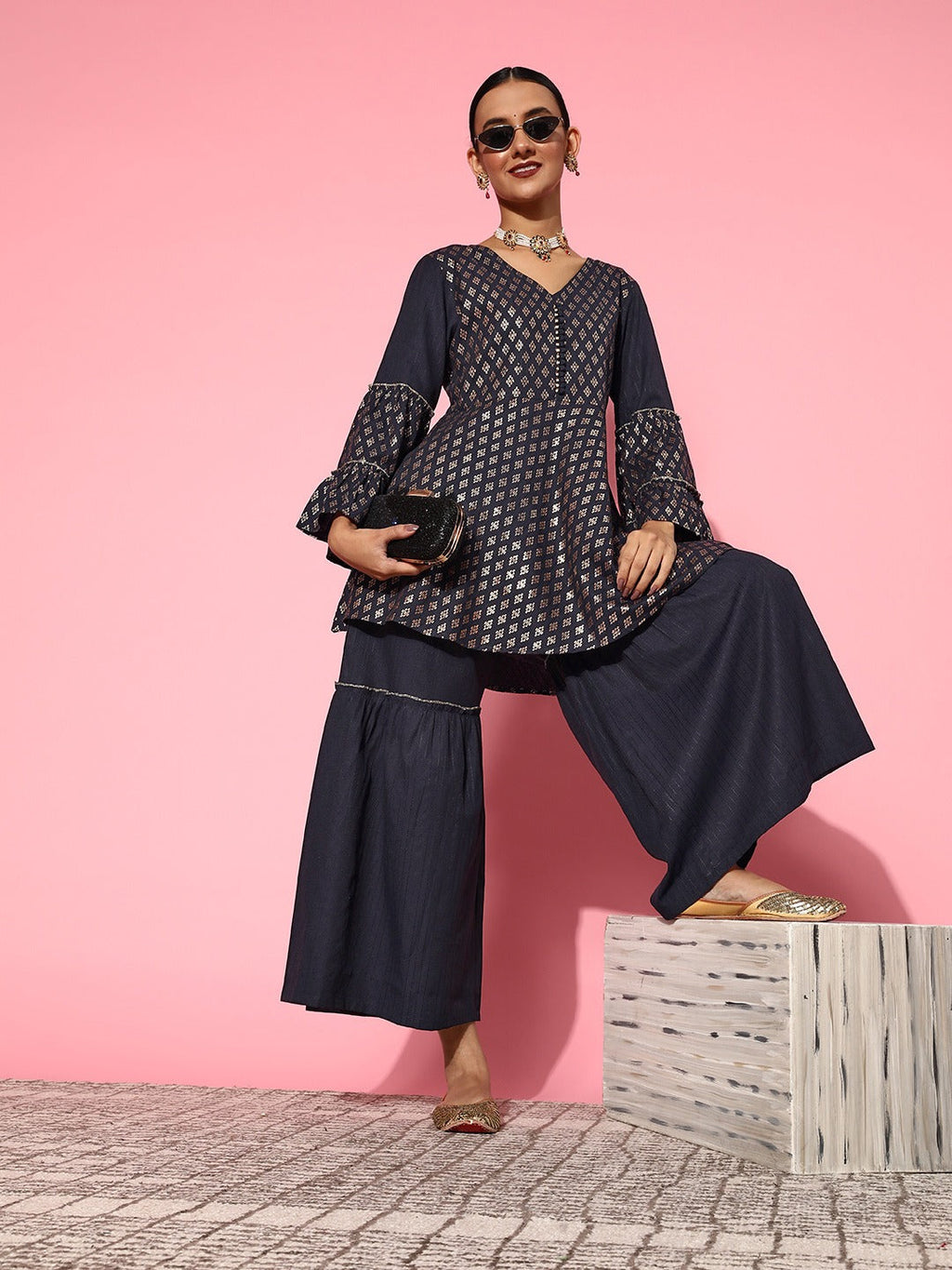 Yufta Navy Blue Printed Kurta & Sharara | Grocsy