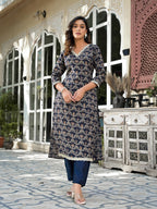Yufta Navy Blue Printed Zari_Work Kurta Trouser Set | Grocsy
