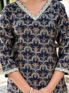Yufta Navy Blue Printed Zari_Work Kurta Trouser Set | Grocsy