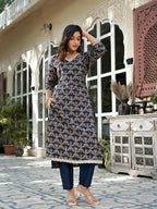 Yufta Navy Blue Printed Zari_Work Kurta Trouser Set | Grocsy