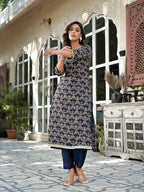 Yufta Navy Blue Printed Zari_Work Kurta Trouser Set | Grocsy