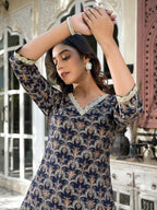 Yufta Navy Blue Printed Zari_Work Kurta Trouser Set | Grocsy