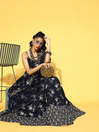 Yufta Navy Blue & White Printed Dress Dupatta | Grocsy