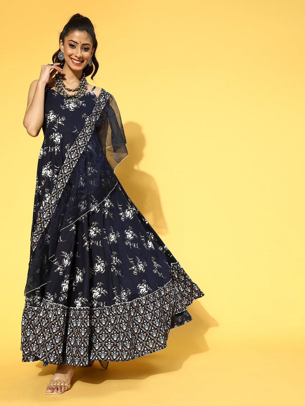 Yufta Navy Blue & White Printed Dress Dupatta | Grocsy