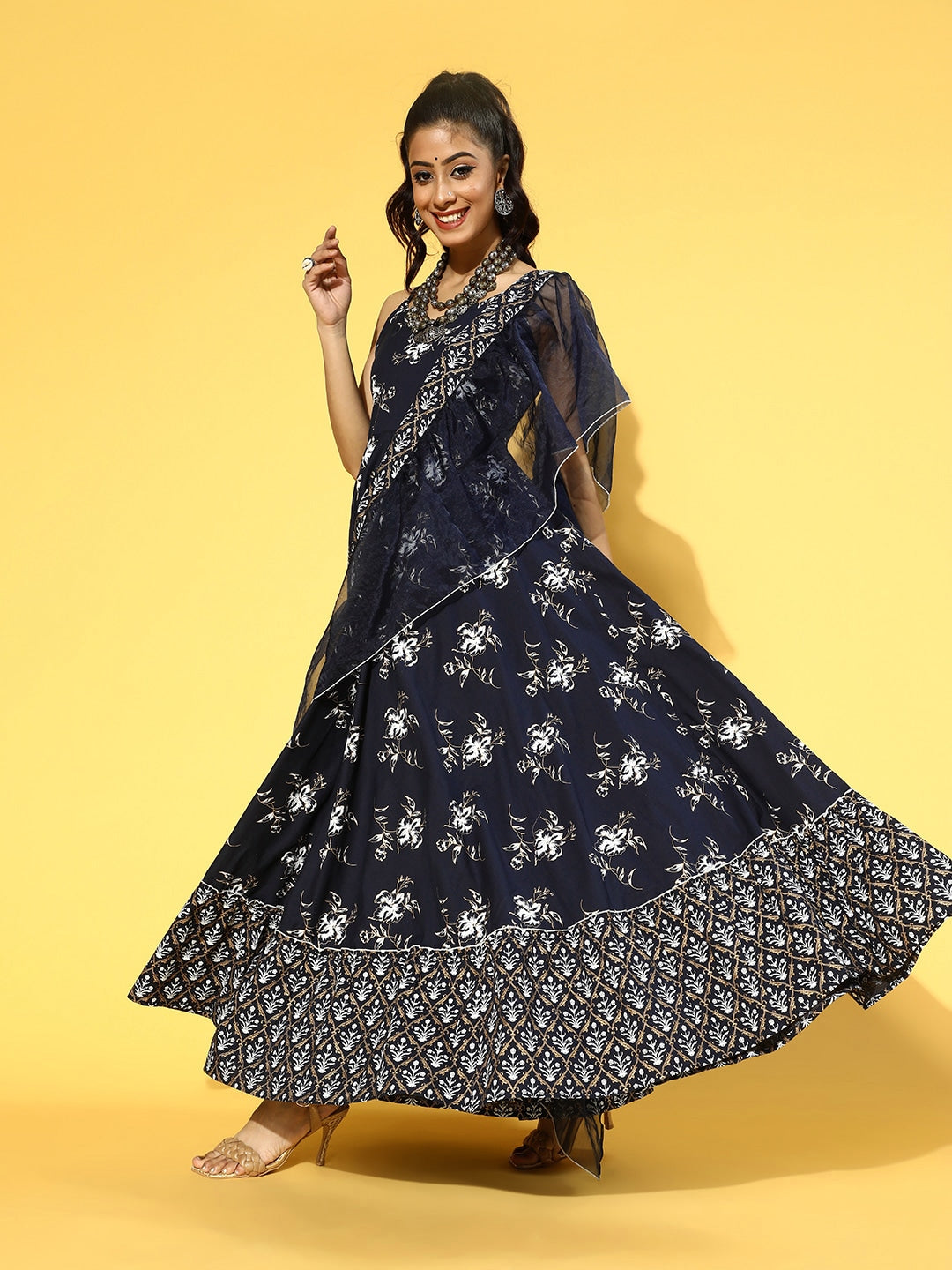 Yufta Navy Blue & White Printed Dress Dupatta | Grocsy