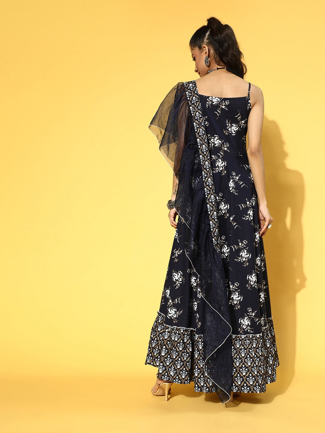 Yufta Navy Blue & White Printed Dress Dupatta | Grocsy