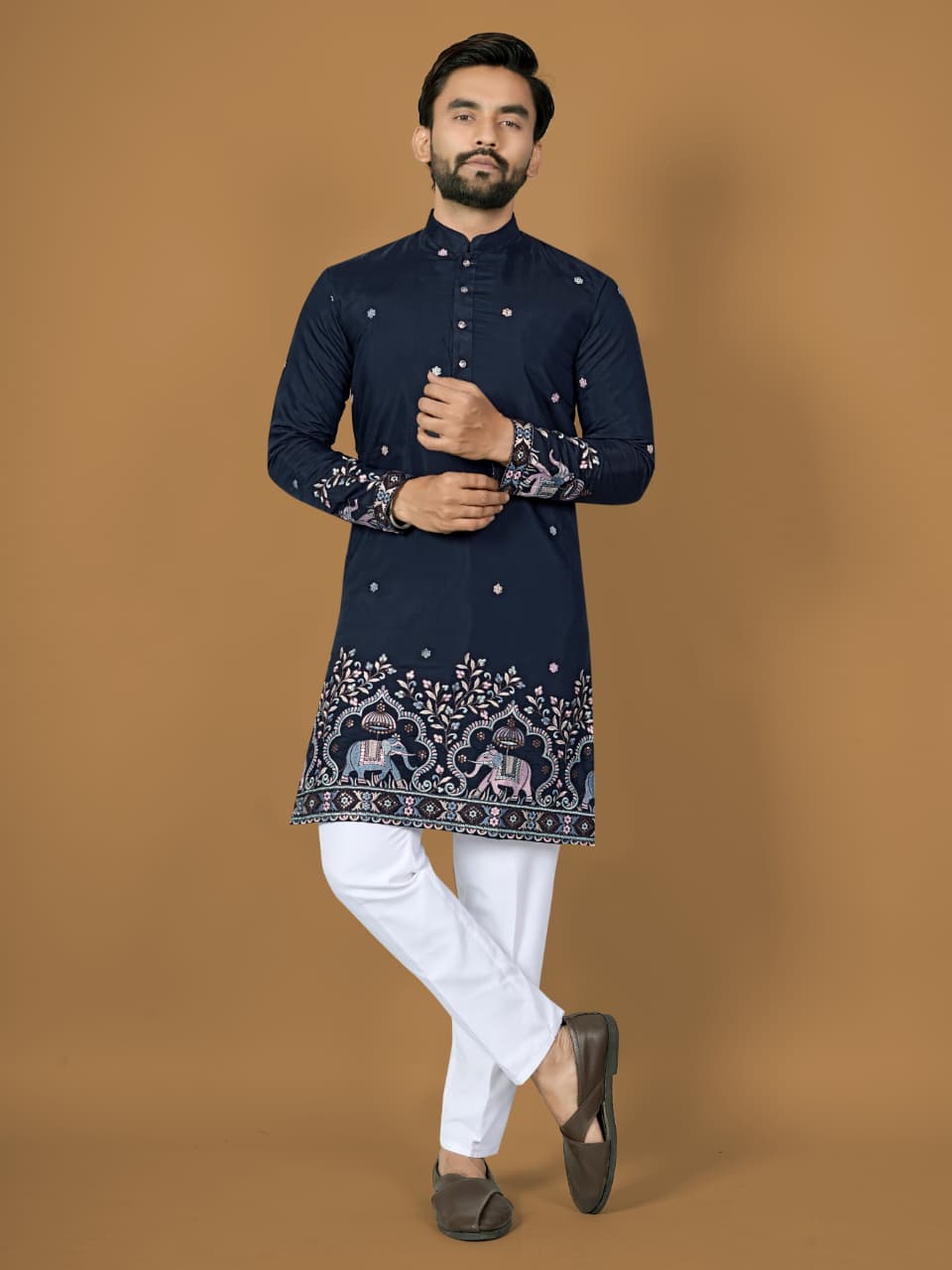 Anaita Navy Embroidery Silk Straight Kurta | Grocsy