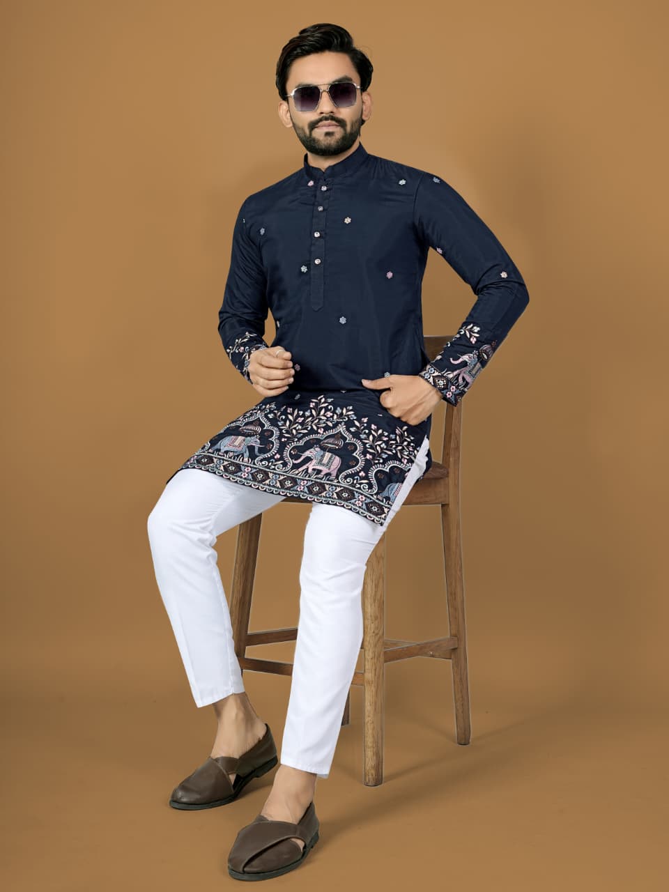 Anaita Navy Embroidery Silk Straight Kurta | Grocsy