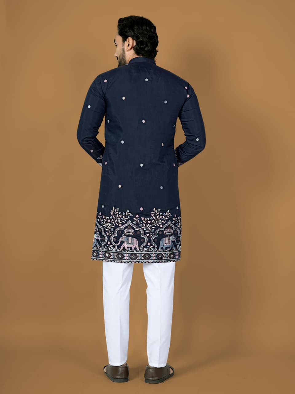 Anaita Navy Embroidery Silk Straight Kurta | Grocsy
