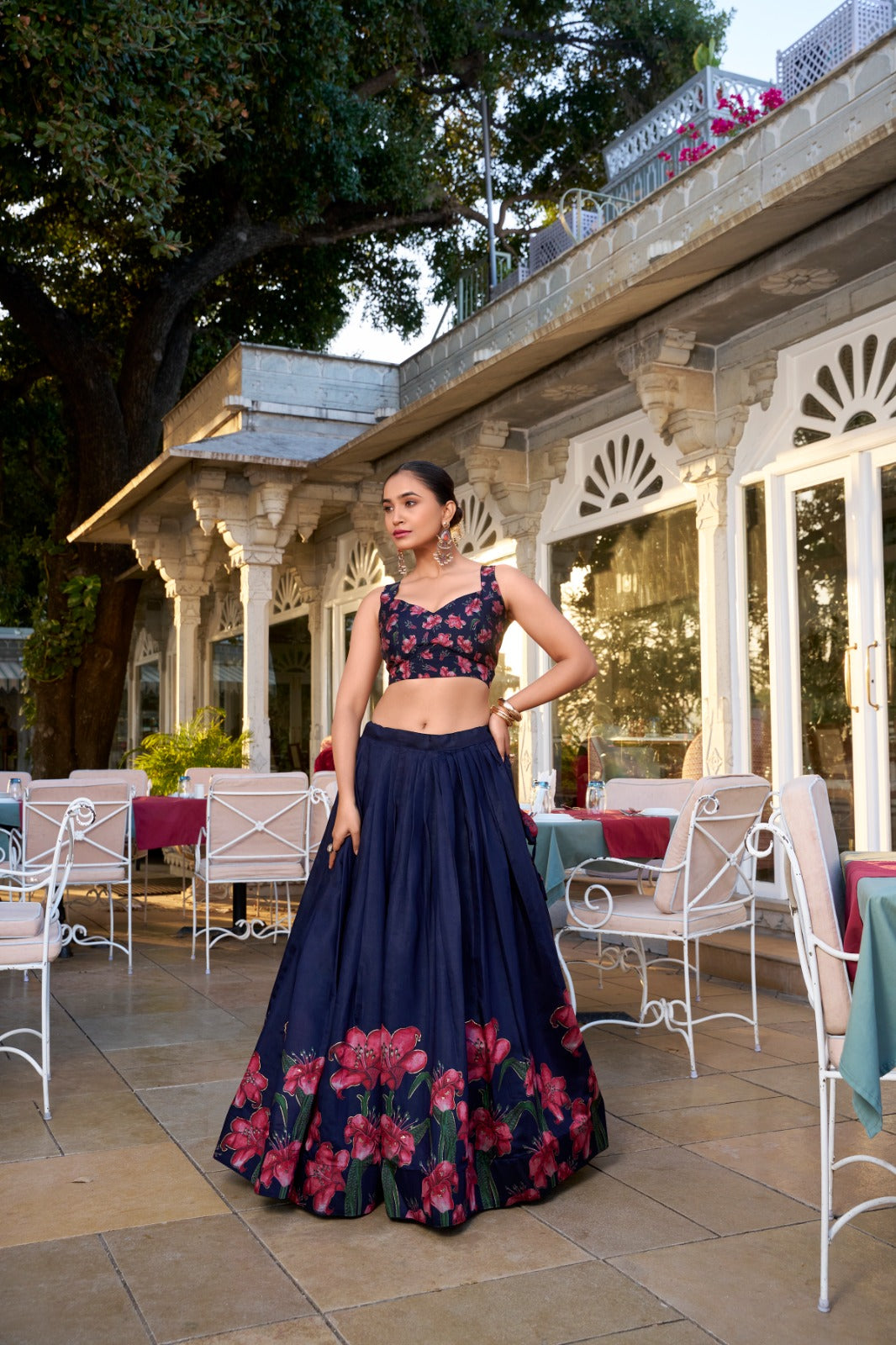 Lorenvalley Navy Blue Tussar Silk Floral Print With Foil Work Lehenga Choli with Dupatta | Grocsy