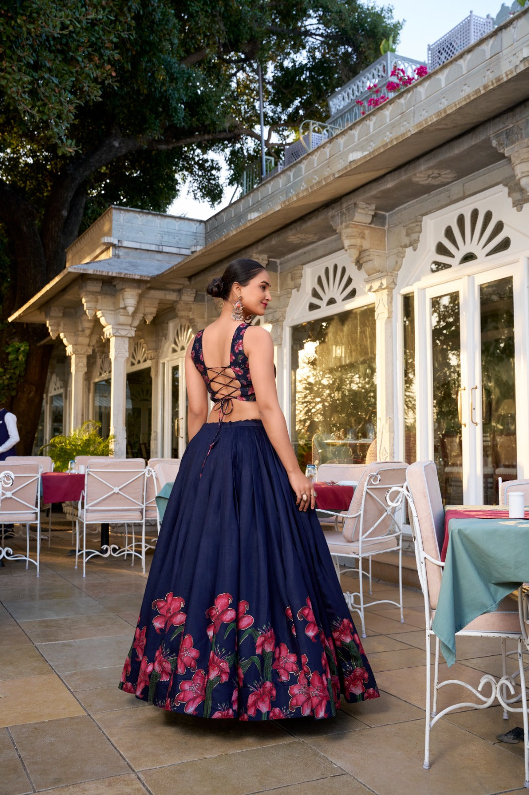 Lorenvalley Navy Blue Tussar Silk Floral Print With Foil Work Lehenga Choli with Dupatta | Grocsy