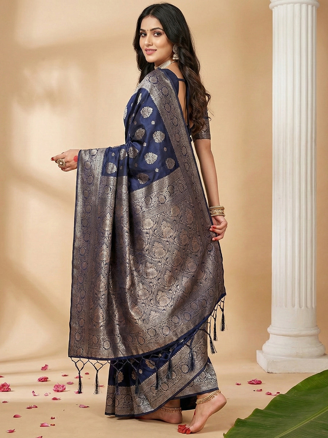 Anaita Navy Silk Blend Woven Saree With Blouse | Grocsy