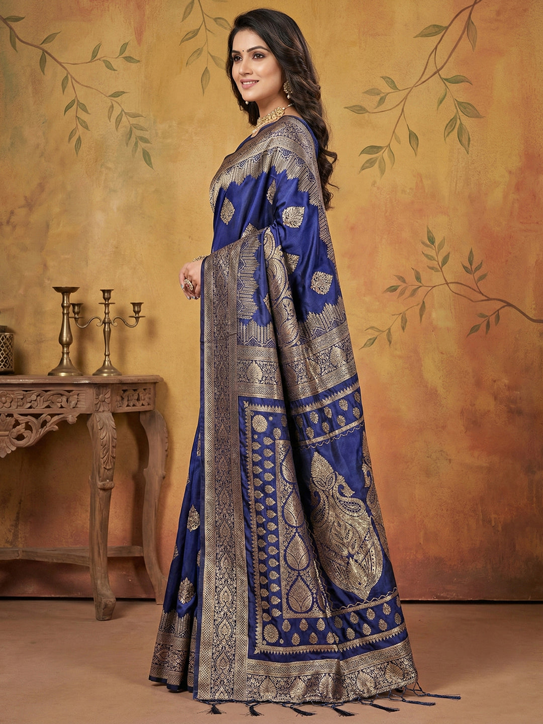 Anaita Navy Silk Blend Woven Saree With Blouse | Grocsy