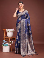Anaita Navy Banarasi Silk Woven Work Saree With Blouse | Grocsy