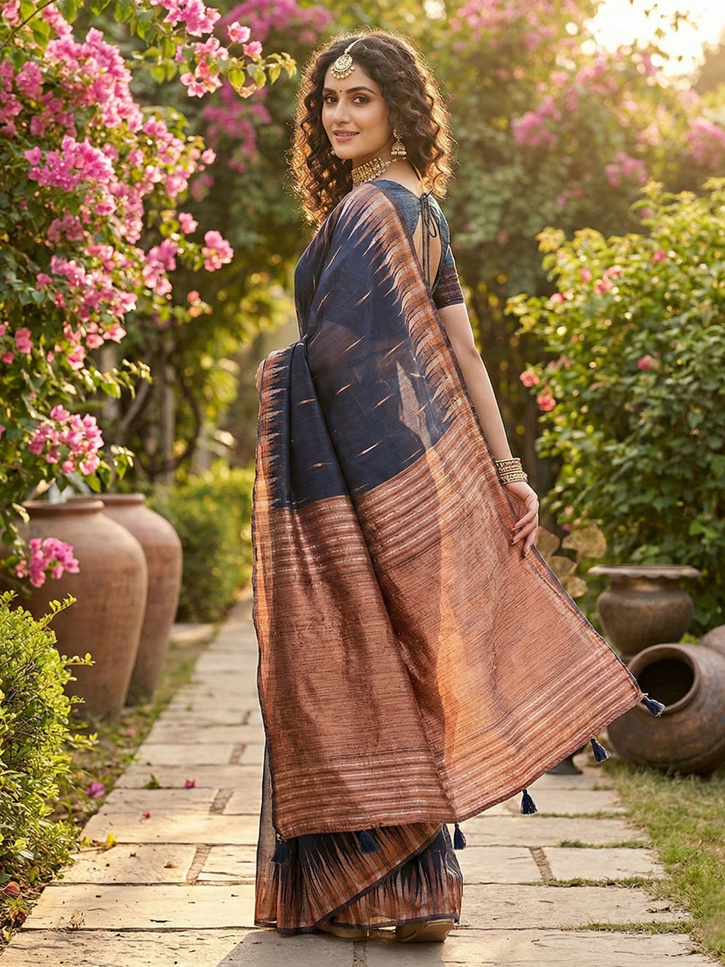 Anaita Navy Linen Woven Work Saree With Blouse | Grocsy