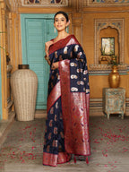 Anaita Navy Silk Woven Saree With Blouse | Grocsy