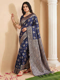 Anaita Navy Silk Blend Woven Saree With Blouse | Grocsy
