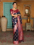Anaita Navy Silk Woven Saree With Blouse | Grocsy