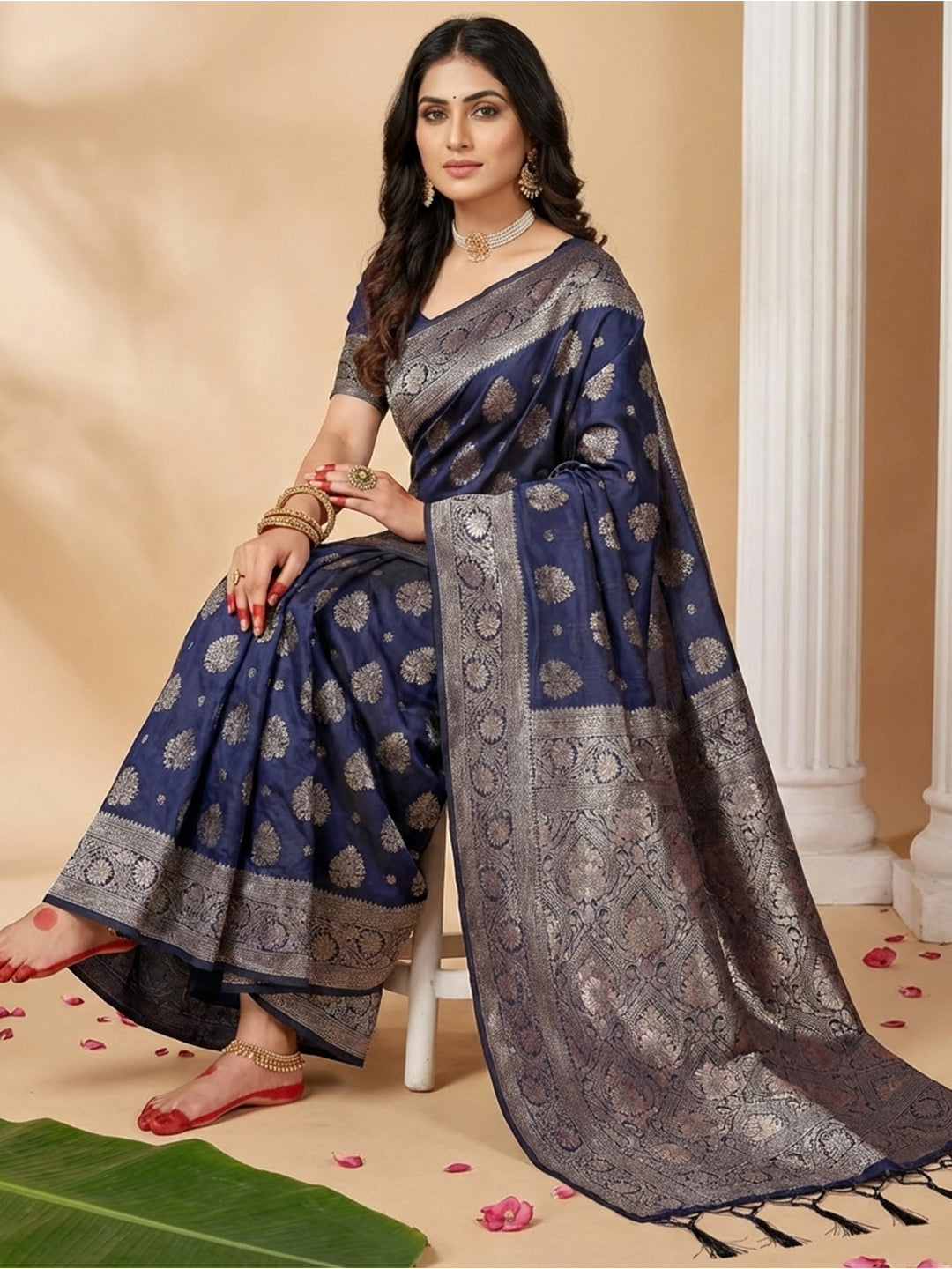 Anaita Navy Silk Blend Woven Saree With Blouse | Grocsy