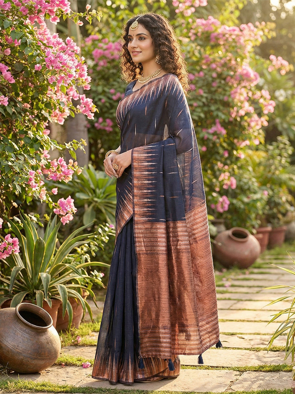 Anaita Navy Linen Woven Work Saree With Blouse | Grocsy
