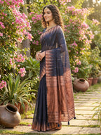 Anaita Navy Linen Woven Work Saree With Blouse | Grocsy