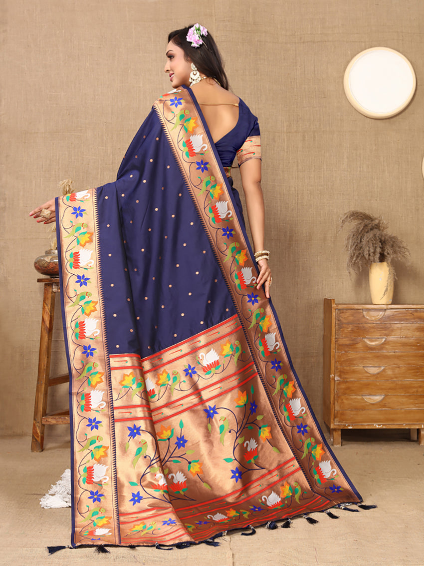 Lorenvalley Fashion Navyblue Soft Paithani Silk Woven Design Rich Zari Meenakari Weaving Saree | Grocsy