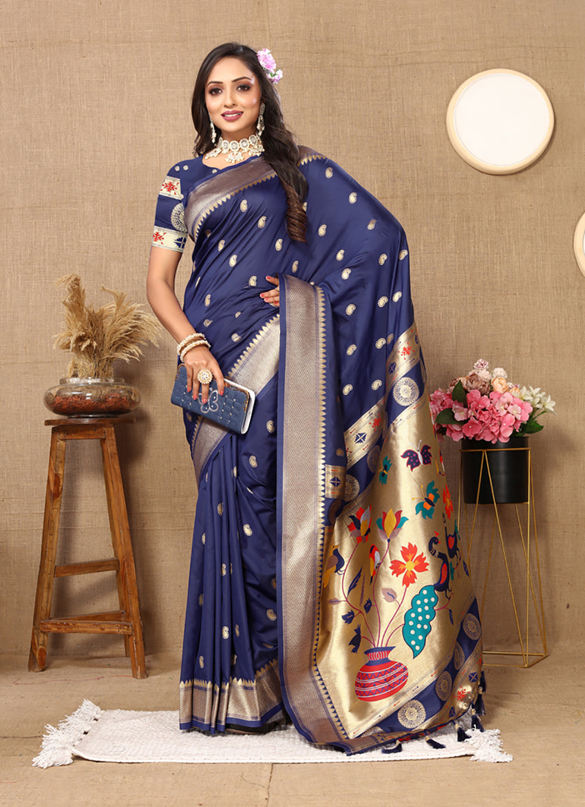 Lorenvalley Fashion Navyblue Soft Paithani Silk Woven Design Rich Zari Meenakari Weaving Saree | Grocsy