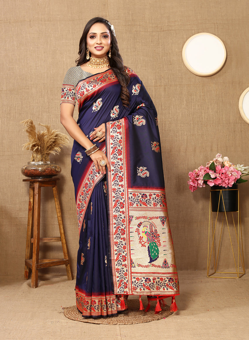 Lorenvalley Fashion Navyblue Soft Paithani Silk Woven Design Rich Meenakari Zari Weaving Pallu Saree | Grocsy